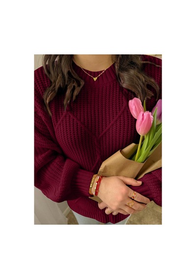 Sayzen Your Shine Selanik Örgülü Oversize Bisiklet Yaka Oversize Kadın Kazak Bordo