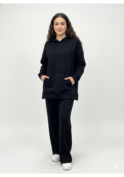 Soft&Basic Kapüşonlu Yanları Çıt Çıt Detaylı Sweatshirt Ve Nervürlü Pantolon Alt Üst Takım Siyah