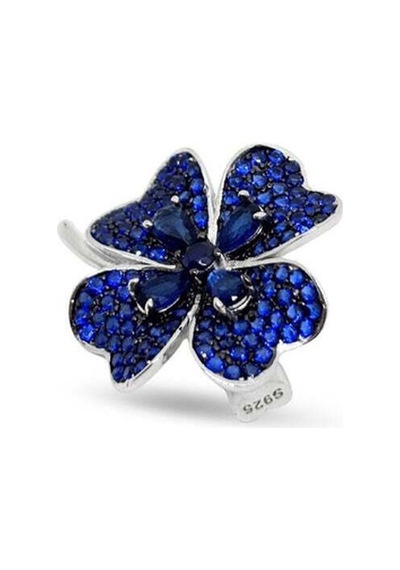 Oya Silver Lacivert Safir Zirkon Taşlı Yonca Gümüş Broş 2.5x2.5 Cm Oysy243