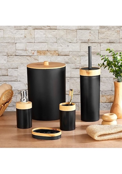 Bersachef Limpia Bambu Desenli 5'li Banyo Seti Çöp Kovası Sıvı Sabunluk Diş Fırçalık Kutusu Banyo Seti Siyah