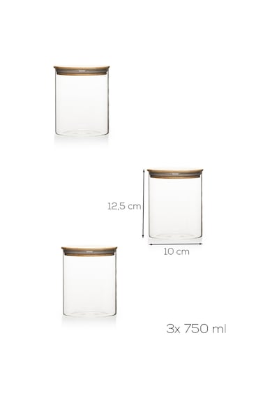 Porsima 1-3 Bambu Vakumlu Kapaklı Yuvarlak Borosilikat Cam 3lü Kavanoz Seti Saklama Kabı 750ml 10x12cm