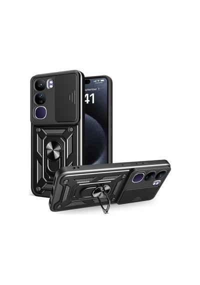 Teleplus Vivo V40 Lite Kılıf Magnetik Standlı Kamera Korumalı Slide Sürgülü Cover Kapak Siyah