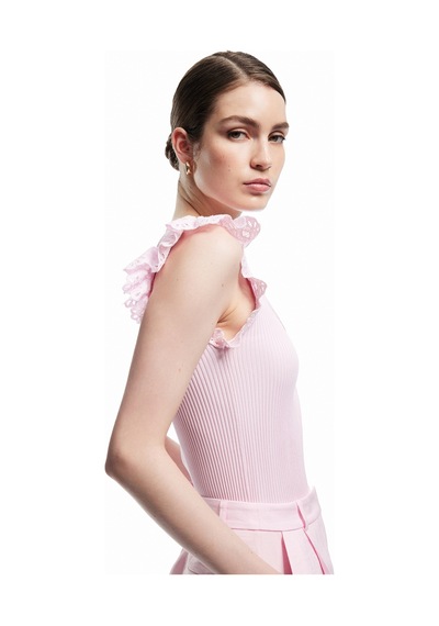 Koton Kolsuz Brodeli Fırfır Detaylı Triko Bluz Pembe 5sak30063ht Gül