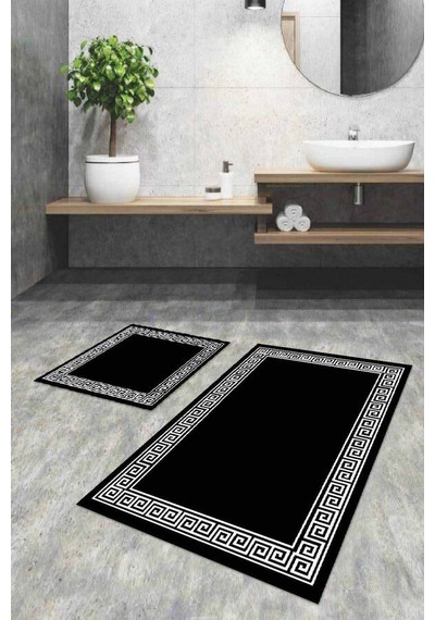 Siyah Çerçeve Temalı Banyo Halısı Klozet Paspas Seti Bs034n11