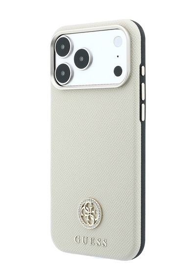 Apple iPhone Uyumlu 18 Pro Max Kılıf Guess Lisanslı M-safe Özellikli Pu Taşlı Metal 4g Ve Yazı Logolu Kapak Bej