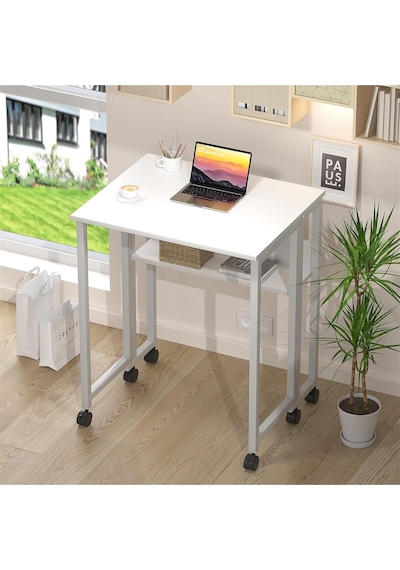 Sidney Kitaplık Raflı Katlanır Masa 70 Cm Tekerli Bilgisayar Masası Laptop Masası Beyaz Beyaz - Beyaz