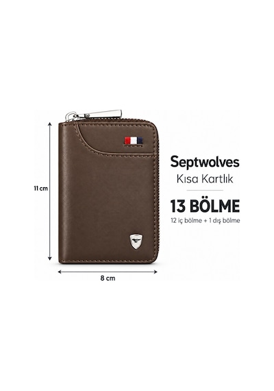 Septwolves Hakiki Deri-kısa Kadın Erkek Unisex Cüzdan Kartlık Kahverengi