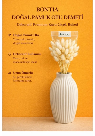 Doğal Pamuk Otu Demeti Dekoratif Kuru Çiçek, Uzun Ömürlü Premium Lagurus Doğal Renk