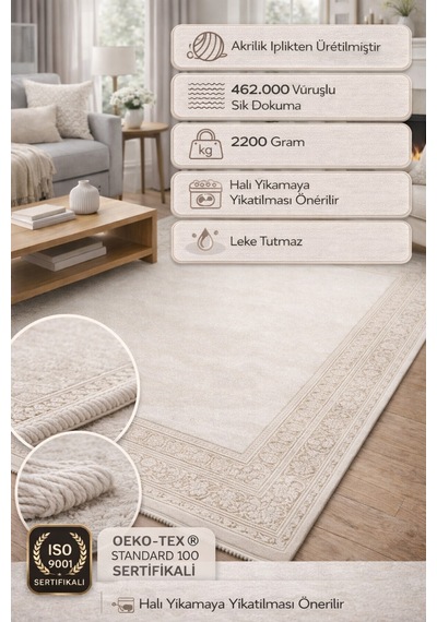 Modern Klasik Krem Halı 462.000 Vuruş Akrilik İplik Leke Tutmaz Şık Salon Halısı