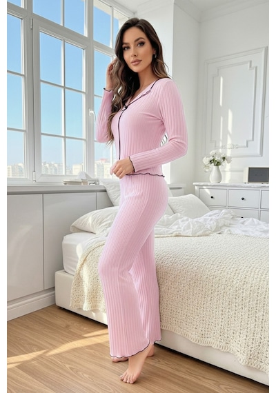 Bella Notte Pembe Pamuklu Siyah Overlok Ve Fiyonk Detaylı Uzun Kollu Pijama Takımı