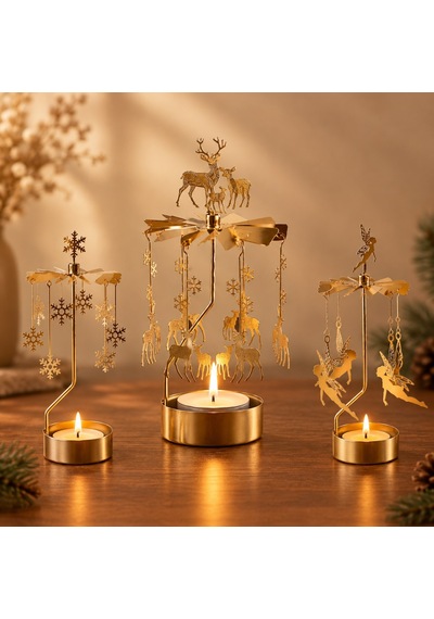 Döner Mumluk Yılbaşı Süsü Geyik Kar Tanesi Ve Peri Figürlü Dekoratif Tealight Mumluk