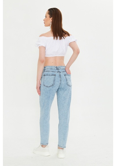 Kutaf Kar Yıkama Açık Mavi Slim Fit Mom Jean Açık Mavi