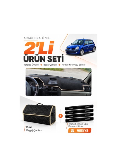 Renault Clio Symbol Airbagli 2003-2006 Uyumlu Torpido Örtüsü + Deri Bagaj Çantası Seti - Siyah Bej