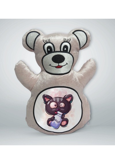 Bk Gift Sevimli Kedi Tasarımlı Krem Ayıcık Yastık-2
