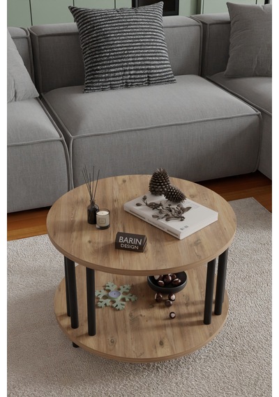 Modern Yuvarlak Orta Sehpa Çift Katlı Siyah Metal Ayaklı Salon, Ofis, Dekoratif Masa Atlantik Çam Modern Yuvarlak Orta Sehpa Çift Katlı Siyah Metal Ayaklı Salon, Ofis, Dekoratif Masa Atlantik Çam