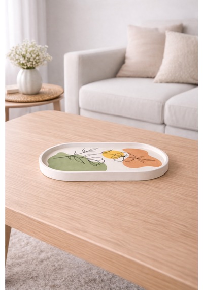 Dekoratif Art Line Stil Oval Tabak - El Yapımı Çiçek Desenli Modern Ev Dekoru 19 X 8 Cm