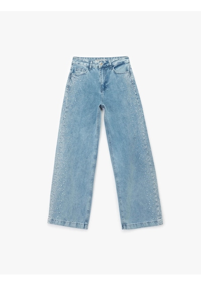 Koton Taş Detaylı Wide Leg İndigo Kadın Jean Pantolon 7wal40025md