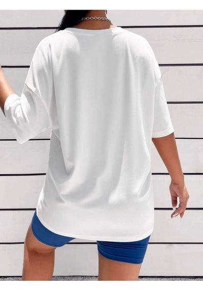 Flood Of Style Kadın Beyaz Mavi Calıfornıa Baskılı Bisiklet Yaka Tshirt