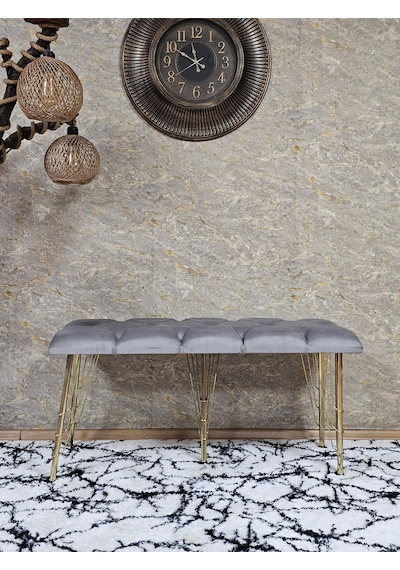 Zafir Metal Gold Tel Ayaklı 100 Cm Puf Bench - Puf - Bench - Oturak - Mutfak Oturağı - Antre Oturağı Gri