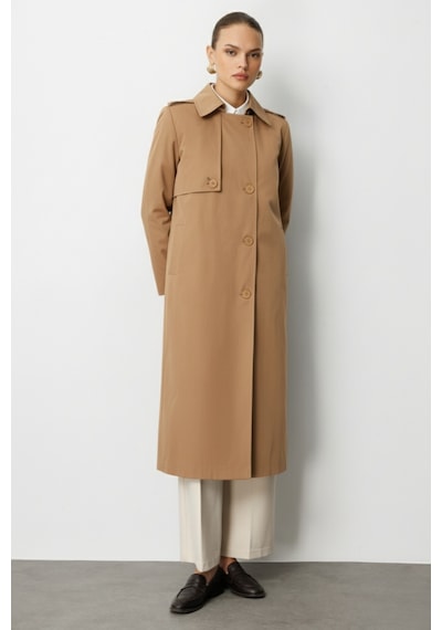 Mizalle Camel Apoletli Klasik Maxi Mac Trençkot CAMEL