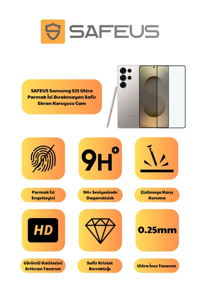 Safeus Tam Kaplayan Parmak İzi Bırakmayan Safir Ekran Koruyucu Cam , Samsung S25 Ultra İle Uyumlu
