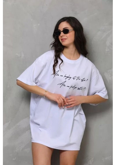 Grafik Baskılı Unisex Günlük Stil Beyaz Kristal Doku Oversize Tiş