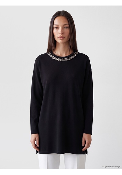 Lcw Everyday Siyah Soft Touch Taşlı Oversize Kadın Sweatshirt Tunik