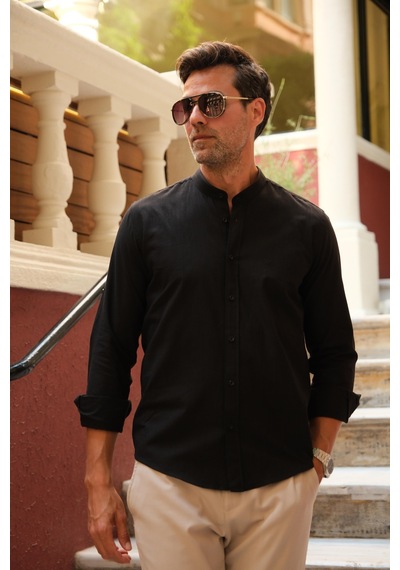 Hakim Yaka Slim Fit Keten Hediye Kutulu Erkek Gömlek Fs-003042 - Siyah-2193
