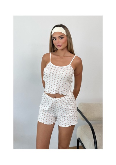 Giysa Kadın Askılı Desenli Şortlu Pijama Takımı Beyaz Ayıcık - 3300