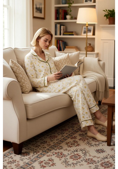 Benerly Kadın Gömlek Yaka Standart Kol Regular Kalıp Pijama Takımı Fonksi sarı