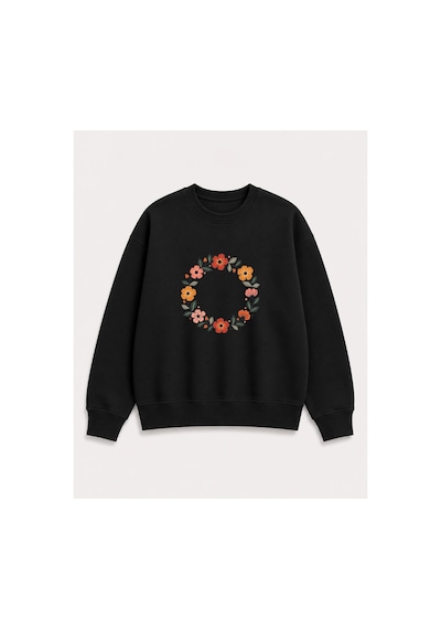 Herkesemoda Halka Çiçekler Baskı Detaylı Şardonlu 2 İplik Bisiklet Yaka Sweatshirt Siyah