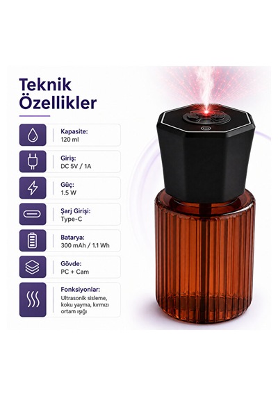 Araç İçi 120 Ml Ultrasonik Hava Nemlendirici Ve Aromaterapi Difüzörü Type-c Şarjlı Koku Siyah