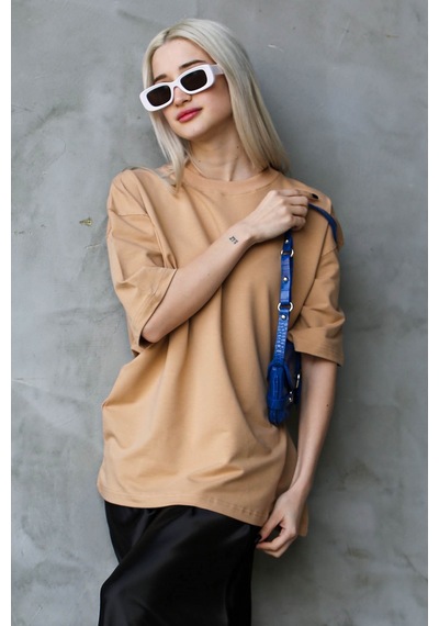 Madmext Bej Bisiklet Yaka Basic Oversize T-shirt Mg1687-bej Bej