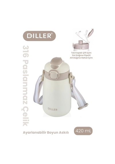 Dıller 420 Ml Pipetli/pipetsiz Tek Kapak Çift Kullanım Askılı Çelik Termos Su Matarası 6 Saat Sıcak/soğuk Beyaz