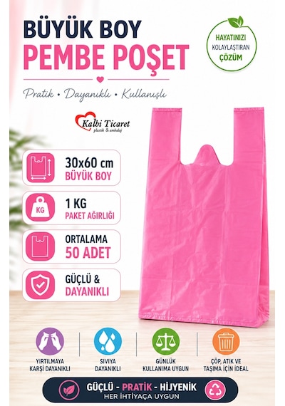 Kalın Pembe Poşet Büyük Boy Hışır Atlet Poşet 1 KG