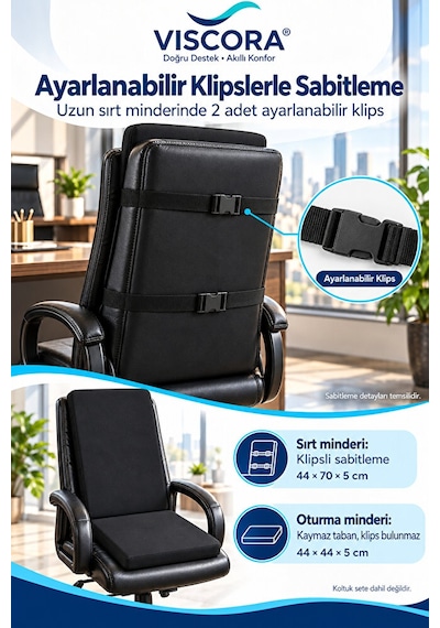 Müdür Ve Ofis Koltuğu Minderi 2 Li Set %100 Visco Uzun Sırt Ve Oturma Desteği Siyah
