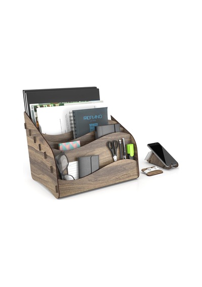 Tr Wavy Masaüstü Organizer A4 Kağıt Kalemlikli Evrak Rafı Mini Kitaplık Ceviz Genel