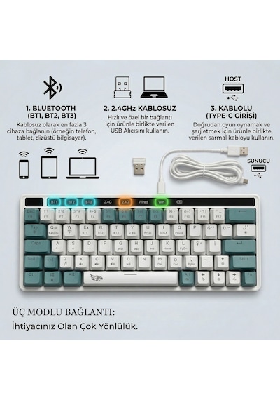Gameagle 64 Tuşlu Rgb 3 Modlu Gaming Klavye Bluetooth + 2.4g + Type-c Şarjlı N-key Rollover, Anti Ghosting Oyuncu Klavyesi