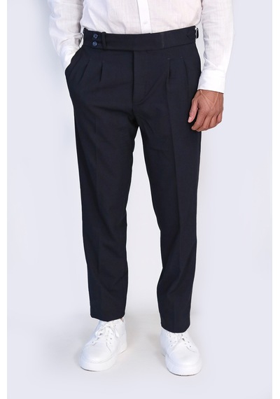 Lacivert Çift Pileli Tokalı Yüksek Bel Slim Fit Pantolon Wessi Lacivert