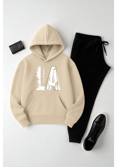 Uyguntarz Unisex Los Angeles Baskılı Eşofman Takımı Bej