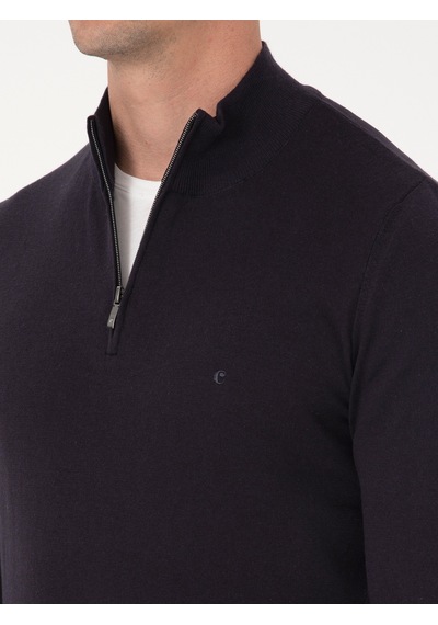 Cacharel Lacivert Slim Fit Pamuk Karışımlı Yarım Fermuarlı Dik Yaka Triko Kazak