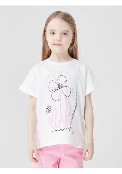 Escabel Kız Çocuk Pamuklu Çiçek Baskılı T-shirt-14028 Ekru