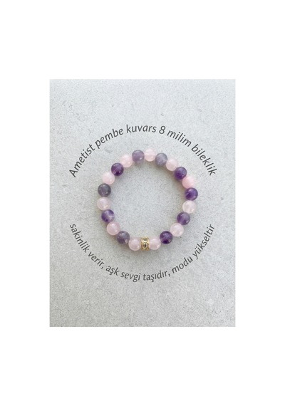8 Mm Ametist & Pembe Kuvars Doğal Taş Bileklik Elastik Unisex Tasarım Sevgili Hediye Boncuk Pembe Pembe