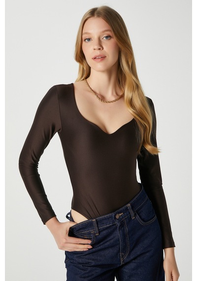 Ritnice Kadın Rich Kalp Yaka Polyamid Kahverengi Çıtçıtlı Body / Bluz Kahverengi