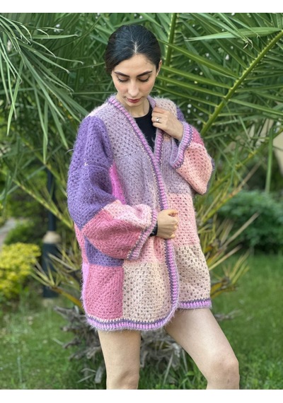 Gönülden Tasarım El Örgüsü Peluş Yumuşak Kadın Oversize Hırka Renkli