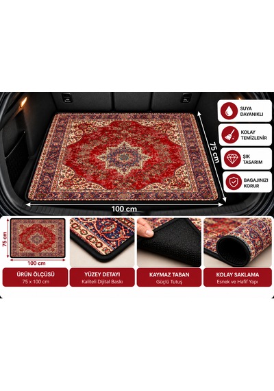 Her Araca Uyan 75x100 Cm Dijital Baskılı Oto Bagaj Halısı Kaymaz Tabanlı, Siyah Biyeli, Dekoratif Araç Bagaj Paspası 100x75
