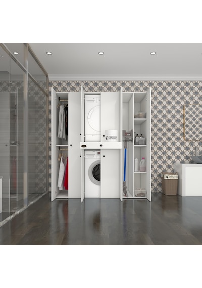 Kenzlife Çamaşır-Kurutma Makinesi Dolabı Ve Giysi Dolabı Çekmeceli Ebuzer Sağ Raf Beyaz 187X170X120 Banyo Çok Renkli