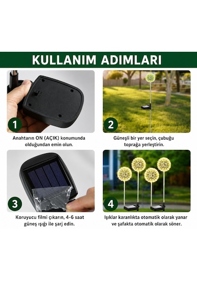 2'li Güneş Enerjili Karahindiba Bahçe Lambası Solar Led Dekoratif Dış Mekan Aydınlatma Sıcak Beyaz