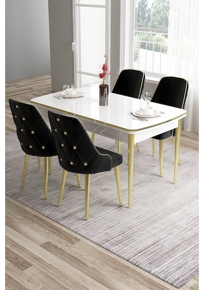 Canisa Tia Serisi 80x132 Açılabilir Mdf Mutfak Masası Takımı Beyaz Masa Gold Detay 4 Siyah Sandalye Masa Beyaz Sandalye Siyah Canisa Tia Serisi 80x132 Açılabilir Mdf Mutfak Masası Takımı Beyaz Masa Gold Detay 4 Siyah Sandalye Masa Beyaz Sandalye Siyah