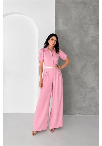 Neşeli Butik Kadın Pembe Gömlek Yaka Kemerli Geniş Paça Tulum Nbk4197